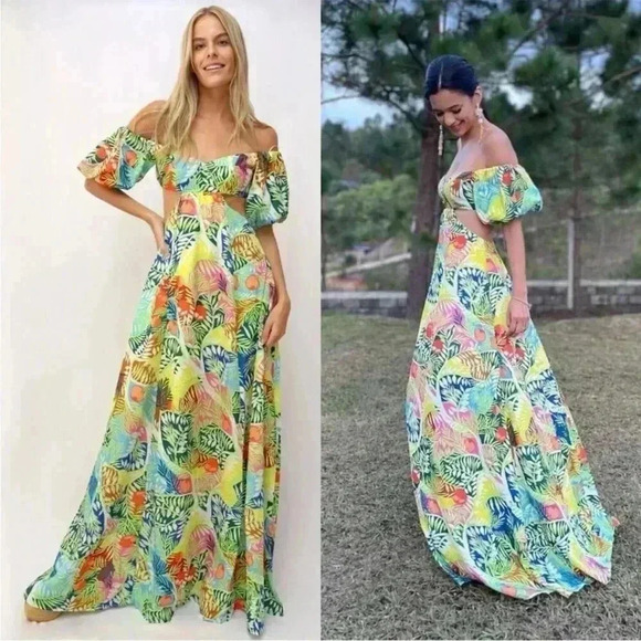 STAUD Coliseum Off-The-Shoulder Linen Tropical Print Dress Size 8 - Picture 10 of 16